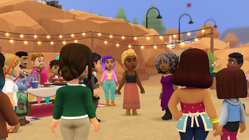 Screenshot from the game Wylde Flowers.  Various characters from the game are standing together at a gathering.