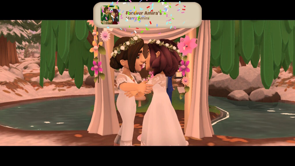 Screenshot from the game Wylde Flowers. Tara is kissing Amira at the altar.
