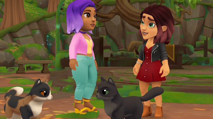 Screenshot from the game Wylde Flowers. Violet and Tara are talking and two cats stand with them.