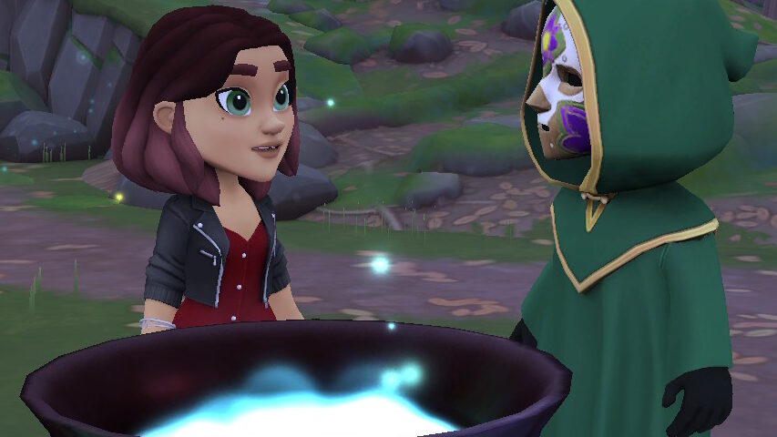 Screenshot from the video game Wylde Flowers. Tara, a young woman with green eyes and shoulder-length brown hair, is speaking to a person who is robed and standing in front of a cauldron.